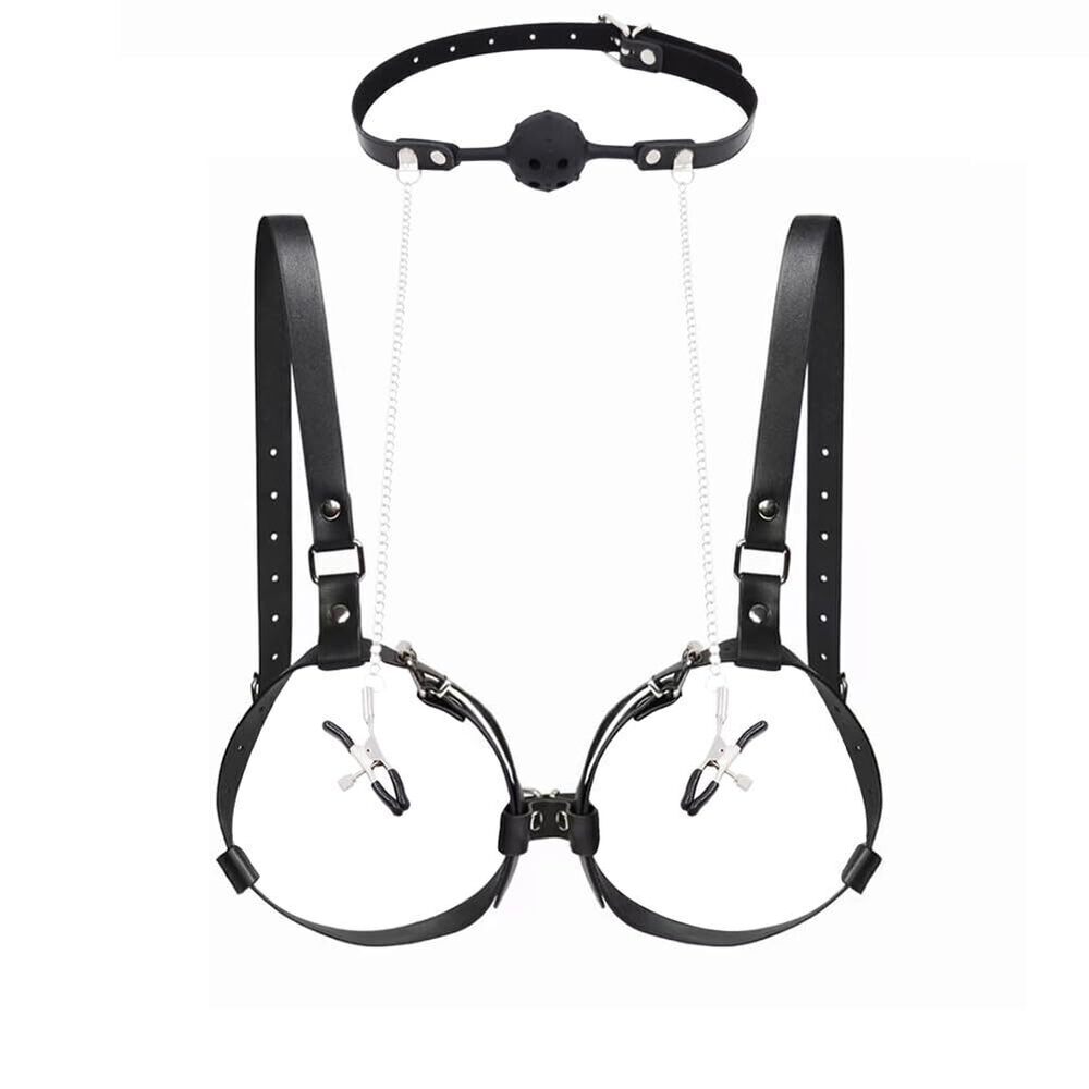 2631 Leather Breasts Chest Harness Bra Open Mouth Ball Gag Nipple Clamps